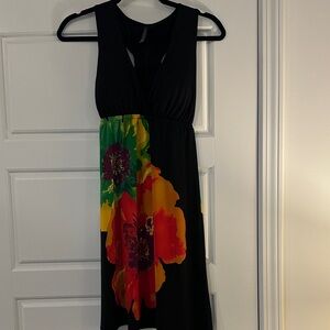 Black Midi Dress with Bold Red, Yellow & Green Floral